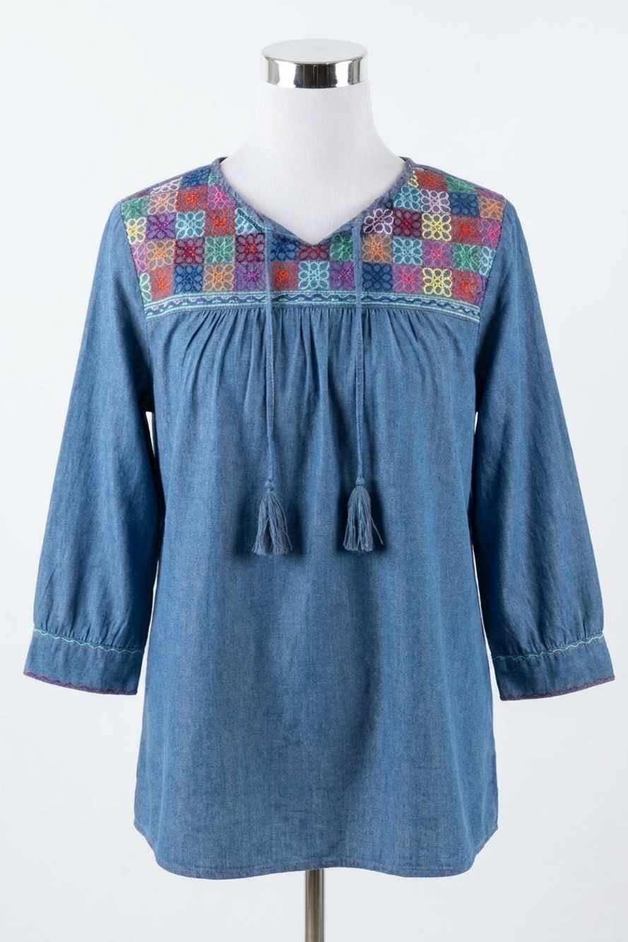NEW LAYERZ CLOTHING denim embroidered top in multi